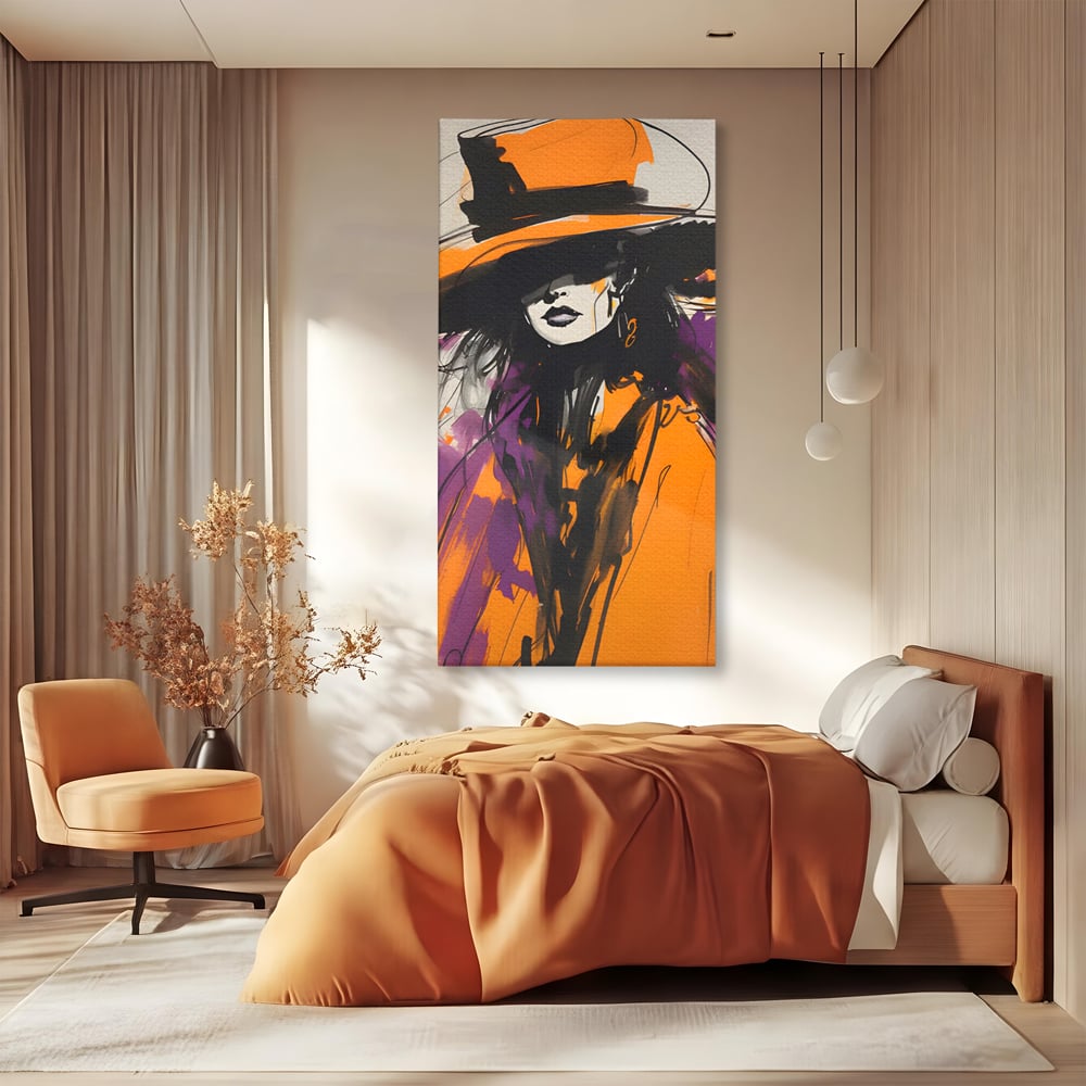 Tablou canvas cu ilustratie portret femeie cu palarie portocalie, fara rama, pe sasiu de lemn, pe perete intr-un dormitor